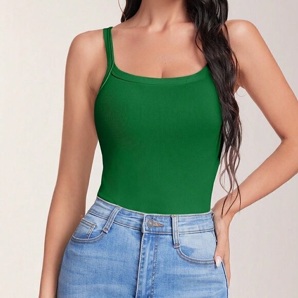 . Tops - Green Casual Womens Women's Solid Color Ribbed Cami Bodysuit